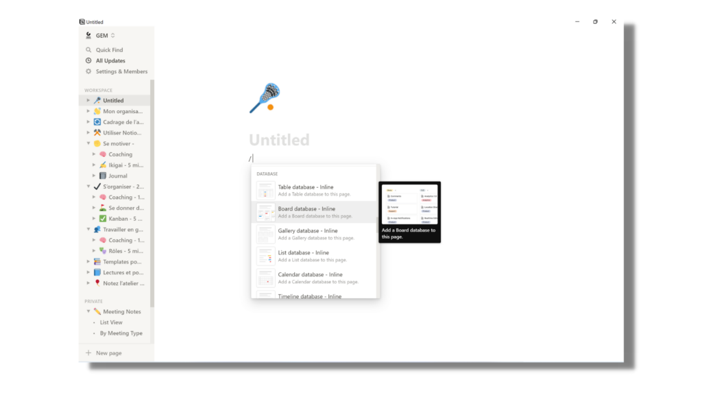 Créer une base de données à partir d'une page blanche pour utiliser Notion