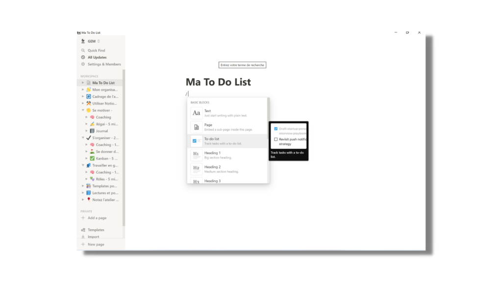 Une to do list Notion en checklist
